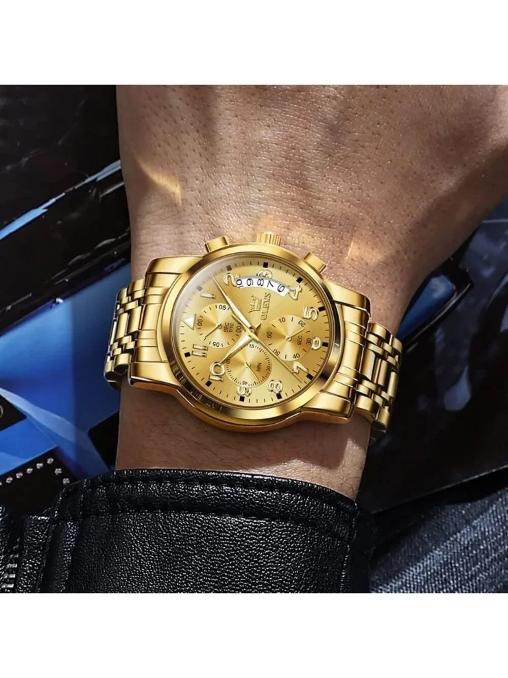 Men's Gold Face/Gold Band Stainless Steel Chronograph Waterproof Wrist Watch